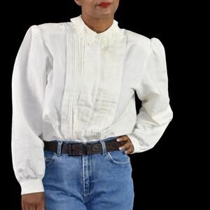 Vintage Peter Pan Collar Shirt White Shoulder Pads Gigot Embroidery Lace Large